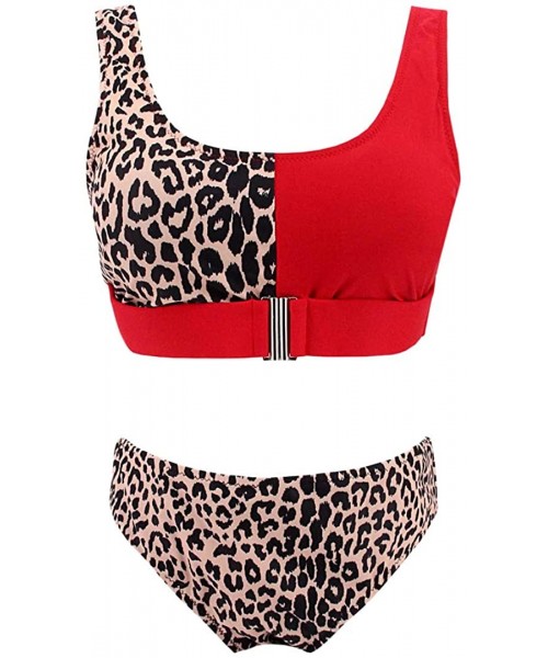 One-Pieces Women's Scoop Neck High Waist Leopard Bikini Buckle Front Two Pieces Swimsuits - Red/Leopard - C8190WIAAR6