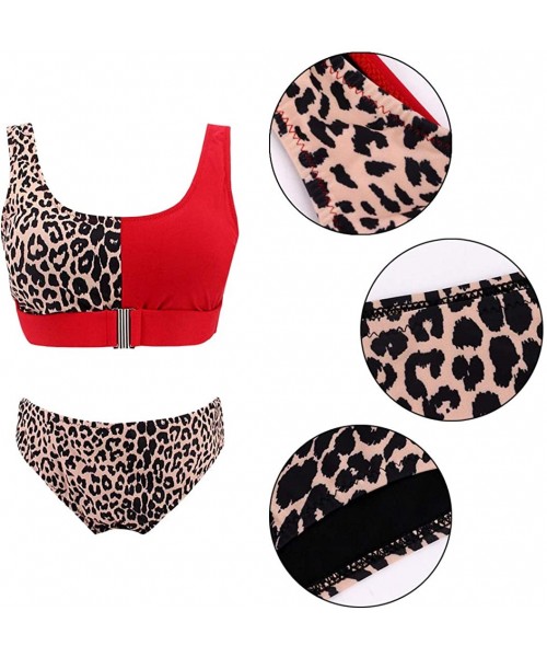 One-Pieces Women's Scoop Neck High Waist Leopard Bikini Buckle Front Two Pieces Swimsuits - Red/Leopard - C8190WIAAR6