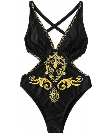 One-Pieces Women's Sexy Criss Cross Baroque Print Deep V Open Back One Piece Swimwear - Zbaroque - CL1932HSYT9