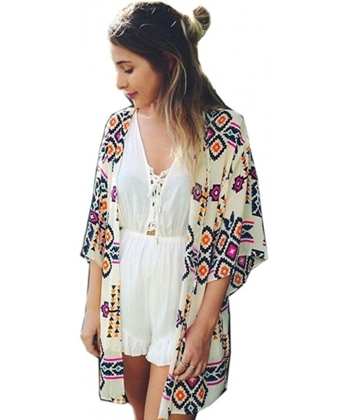 Cover-Ups Women Boho Chiffon Cover Ups Fashion Kimono Cardigan Blouse Beach Wear Bikini Cover Tops - CB189UH6DC8