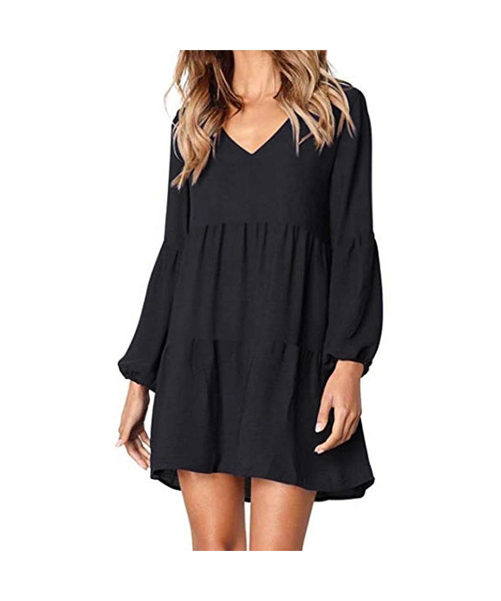 Racing Skirt Women Summer Tunic Dress V Neck Casual Loose Flowy Swing Shift Dresses - Black - C9194IXMYOH