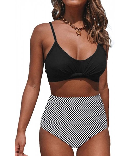 Sets Women Strappy Bikini Set Floral High Waisted Ruched Swimsuits 2 Piece Wrap Bandage High Rise Swimwear - Black - C3192SH855R