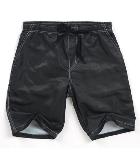 Board Shorts Men's Linen Casual Classic Fit Short Drawstring Summer Beach Shorts - Black - CX18R0IUW8W