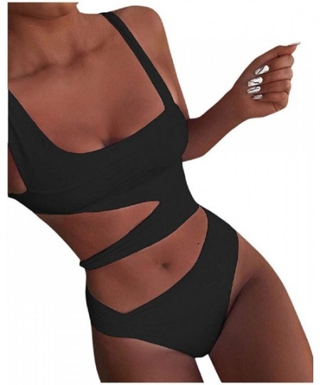 One-Pieces Women's Novelty One Piece Stretch Solid Cutout Swimsuit Slimming Cotton Strappy Bikini Swimwear Bathing Suit Black...