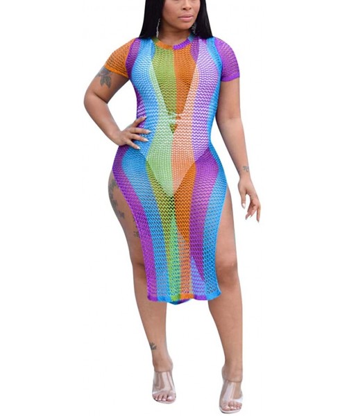 Cover-Ups Women's Sexy Rainbow Fishnet Dress - Hollow Out Knitted See Through Mesh Swimwear Dress High Slit Crochet Bikini Co...