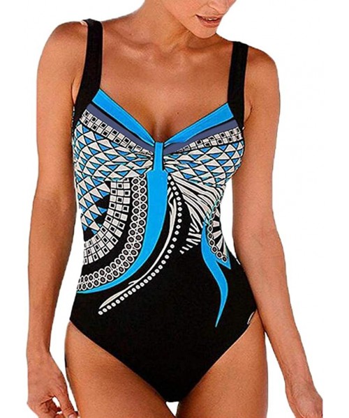 Racing Womens Summer One Piece Retro Print Backless Swimwear Monokini Strappy Tankini Bathing Suit Swimsuit Bikini Set Blue -...