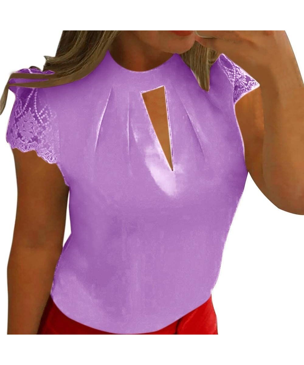 Rash Guards Fashion Womens Casual Chiffon Short Sleeve Splice Lace Crop Top Blouse - Purple - C318SRARM45