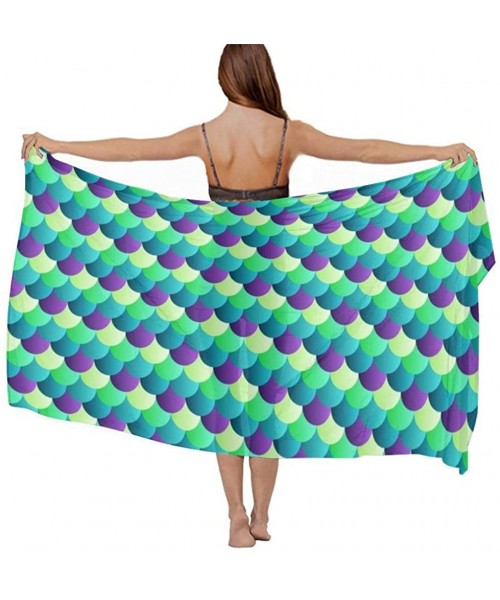 Cover-Ups Women's Swimwear Cover Ups- Summer Vacation Beach Sarong Soft Shawl Wrap - Mermaid Fish Scales Turquoise Green - CE...