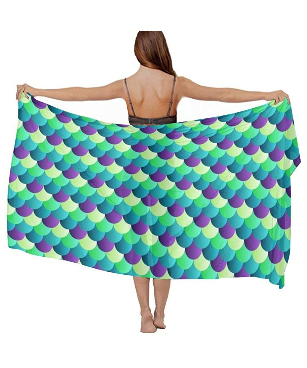 Cover-Ups Women's Swimwear Cover Ups- Summer Vacation Beach Sarong Soft Shawl Wrap - Mermaid Fish Scales Turquoise Green - CE...