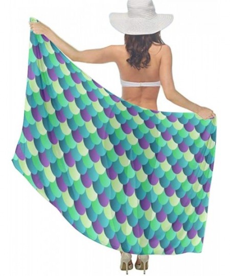 Cover-Ups Women's Swimwear Cover Ups- Summer Vacation Beach Sarong Soft Shawl Wrap - Mermaid Fish Scales Turquoise Green - CE...