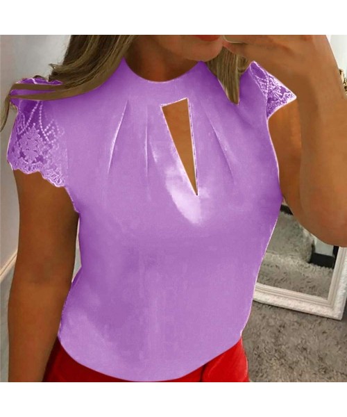 Rash Guards Fashion Womens Casual Chiffon Short Sleeve Splice Lace Crop Top Blouse - Purple - C318SRARM45