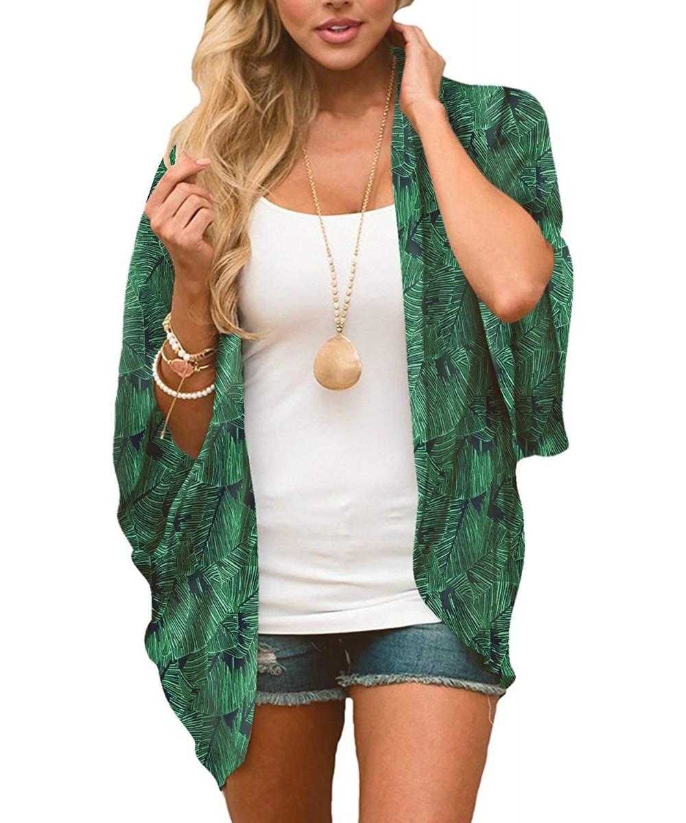 Cover-Ups Womens Kimono Beach Cover Up Chiffon Cardigan Floral Tops Loose Capes - Green - CU18SZ6GRNH