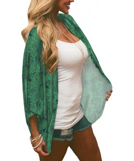 Cover-Ups Womens Kimono Beach Cover Up Chiffon Cardigan Floral Tops Loose Capes - Green - CU18SZ6GRNH