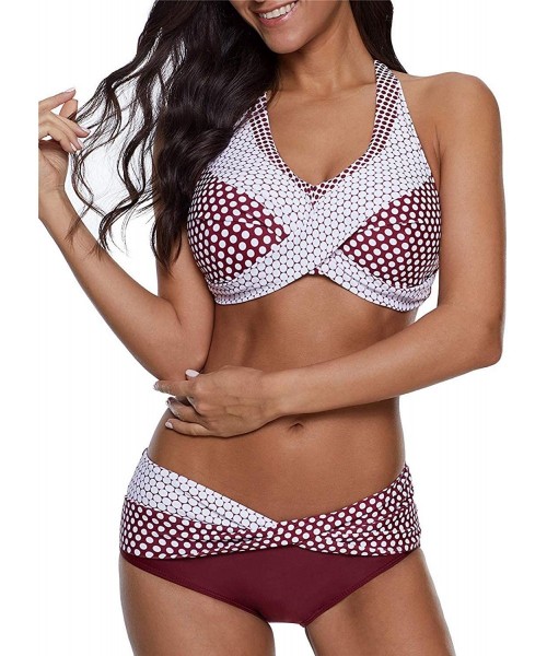 Sets Women's Halter Push Up Two Piece Bikini Swimsuits Twist Front Bathing Suits Padded Swimwear 5 Polka Dots Burgundy - CZ18...