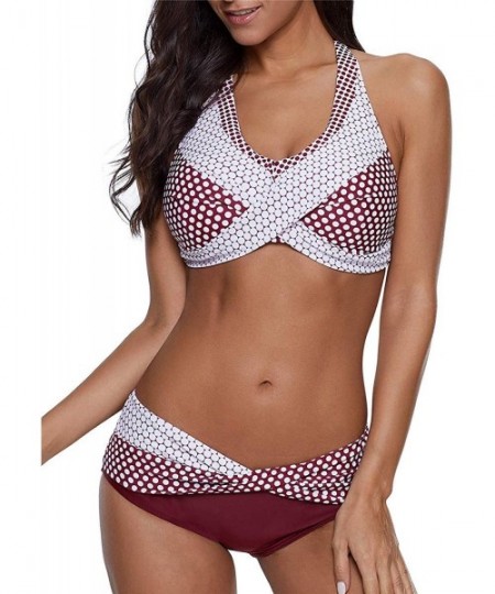 Sets Women's Halter Push Up Two Piece Bikini Swimsuits Twist Front Bathing Suits Padded Swimwear 5 Polka Dots Burgundy - CZ18...