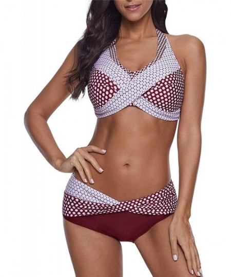 Sets Women's Halter Push Up Two Piece Bikini Swimsuits Twist Front Bathing Suits Padded Swimwear 5 Polka Dots Burgundy - CZ18...