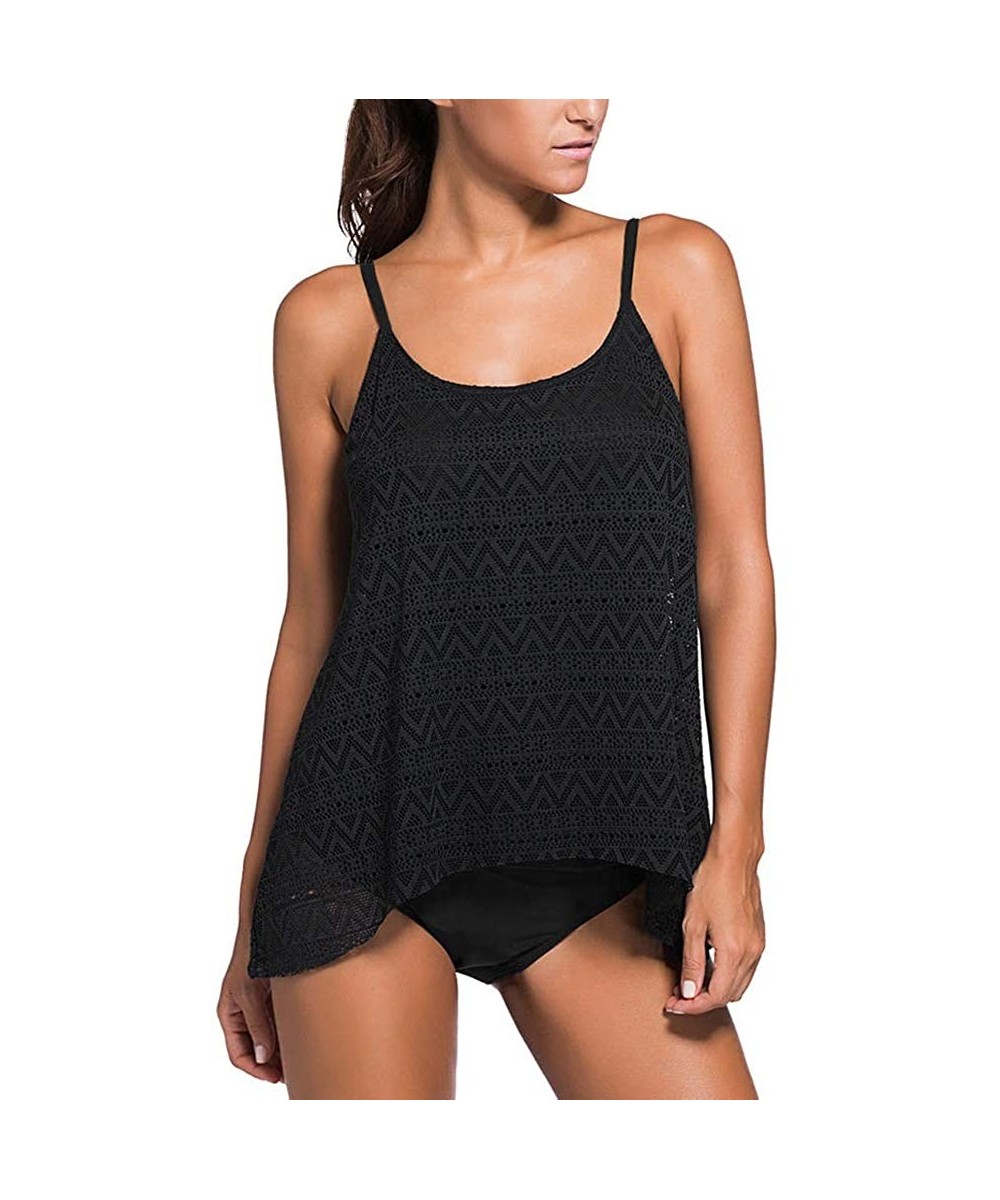 Tankinis Women's Lace Mesh Tankini Swimsuit Solid Ruched 2 Piece Bikini Set Bathing Suit - Black - C218Q87S7N9