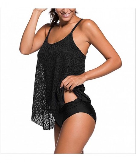 Tankinis Women's Lace Mesh Tankini Swimsuit Solid Ruched 2 Piece Bikini Set Bathing Suit - Black - C218Q87S7N9