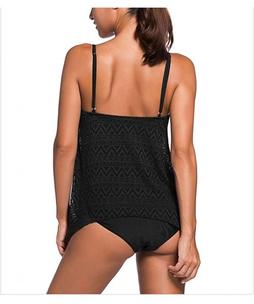 Tankinis Women's Lace Mesh Tankini Swimsuit Solid Ruched 2 Piece Bikini Set Bathing Suit - Black - C218Q87S7N9