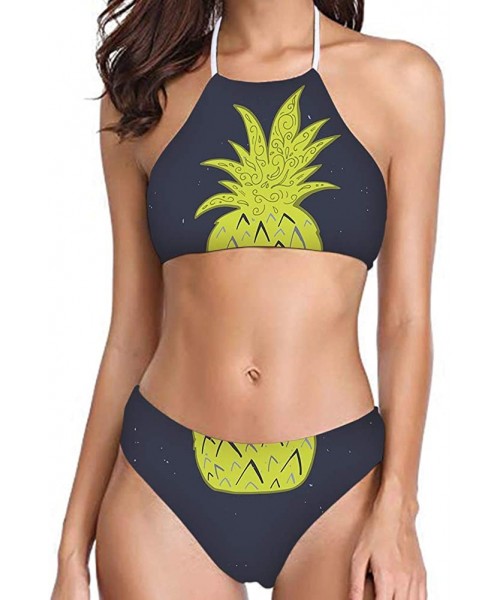 Sets Women's All Over Printing Bikini High Neck Halter 2 Piece Swimsuit - Pineapple - 2009 - CF18QEYE8R9