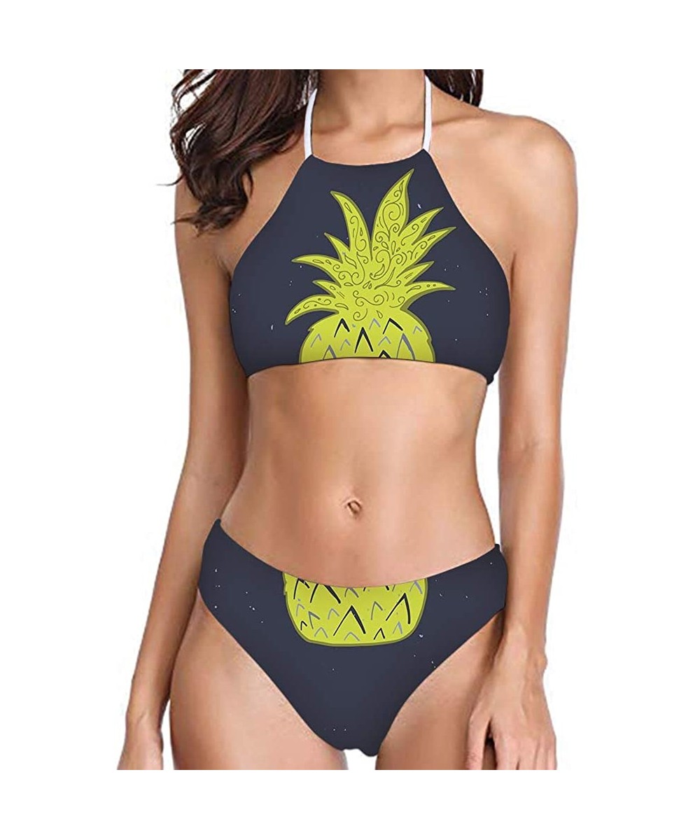 Sets Women's All Over Printing Bikini High Neck Halter 2 Piece Swimsuit - Pineapple - 2009 - CF18QEYE8R9