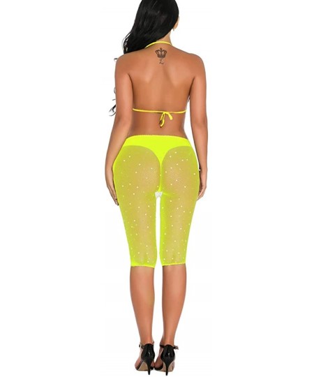 Sets Women Two Piece Lingerie Fishnet Swimwear Rhinestone See Through Clubwear Bikini Top and Shorts Set - Yellow - CO18YSRKCS3