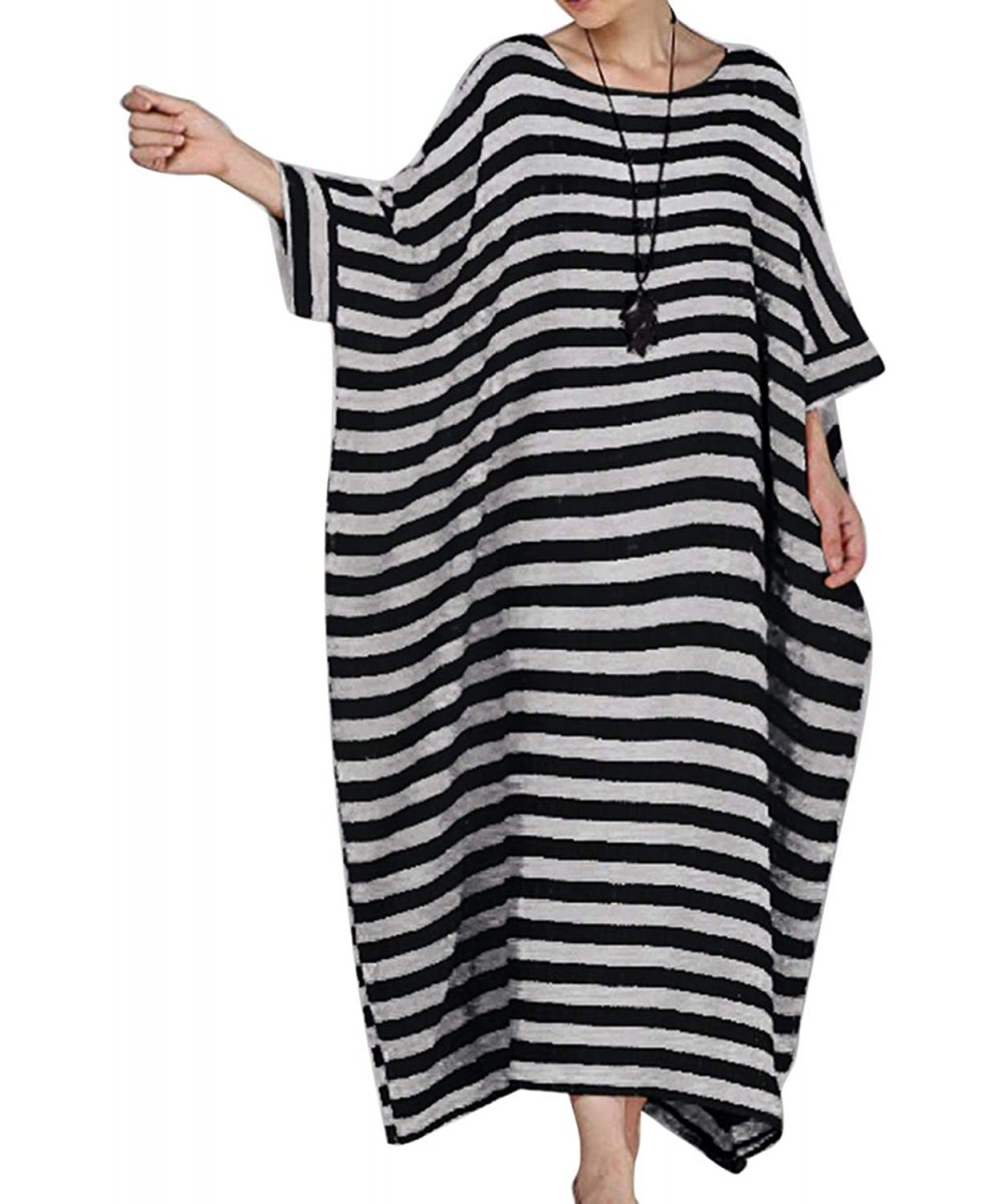 Cover-Ups Women Summer Stripe Long Sleeve V-Neck Cotton Linen Plus Size Kaftan Dress - 05-black - C818WC90RIH