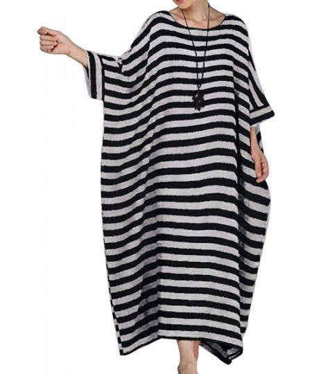 Cover-Ups Women Summer Stripe Long Sleeve V-Neck Cotton Linen Plus Size Kaftan Dress - 05-black - C818WC90RIH