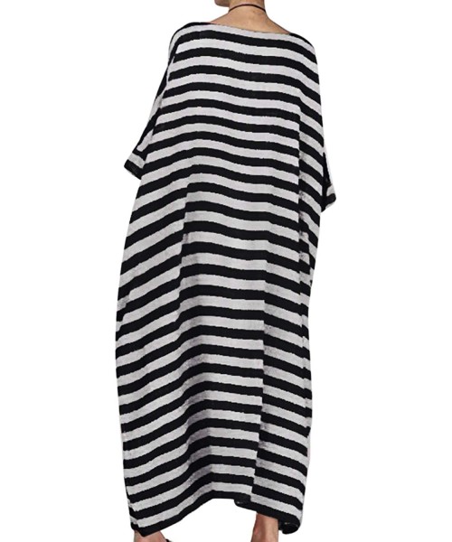 Cover-Ups Women Summer Stripe Long Sleeve V-Neck Cotton Linen Plus Size Kaftan Dress - 05-black - C818WC90RIH