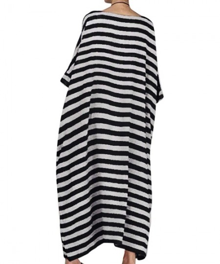 Cover-Ups Women Summer Stripe Long Sleeve V-Neck Cotton Linen Plus Size Kaftan Dress - 05-black - C818WC90RIH