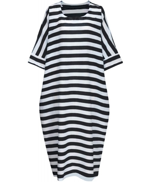 Cover-Ups Women Summer Stripe Long Sleeve V-Neck Cotton Linen Plus Size Kaftan Dress - 05-black - C818WC90RIH