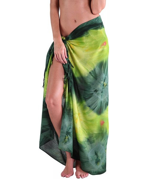 Cover-Ups Beach Long Batik Sarong Womens Swimsuit Wrap Cover Up Pareo with Coconut Shell Included - Green Tie Dye - CU11Q7XVYKL