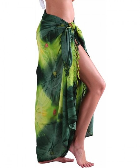 Cover-Ups Beach Long Batik Sarong Womens Swimsuit Wrap Cover Up Pareo with Coconut Shell Included - Green Tie Dye - CU11Q7XVYKL