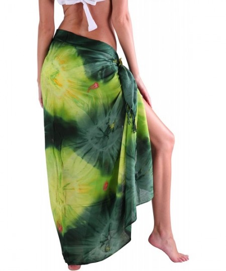 Cover-Ups Beach Long Batik Sarong Womens Swimsuit Wrap Cover Up Pareo with Coconut Shell Included - Green Tie Dye - CU11Q7XVYKL