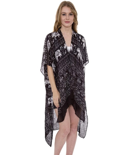 Cover-Ups Womens Fashion Lightweight Printed Open Front Kimono Cardigan Beach Cover up Various Patterns Indie Elephant Black ...