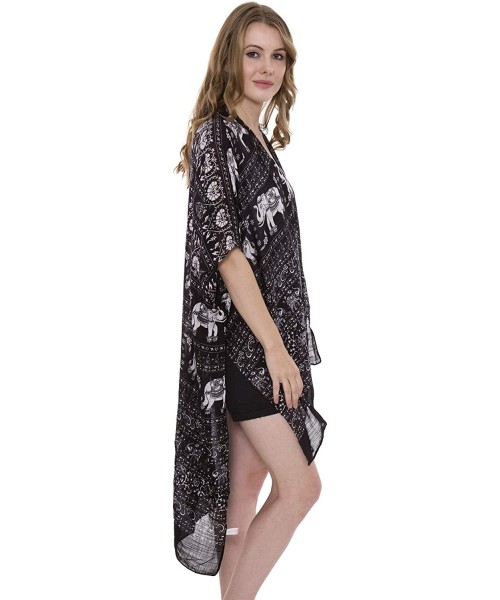 Cover-Ups Womens Fashion Lightweight Printed Open Front Kimono Cardigan Beach Cover up Various Patterns Indie Elephant Black ...