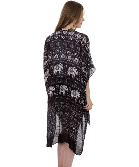 Cover-Ups Womens Fashion Lightweight Printed Open Front Kimono Cardigan Beach Cover up Various Patterns Indie Elephant Black ...