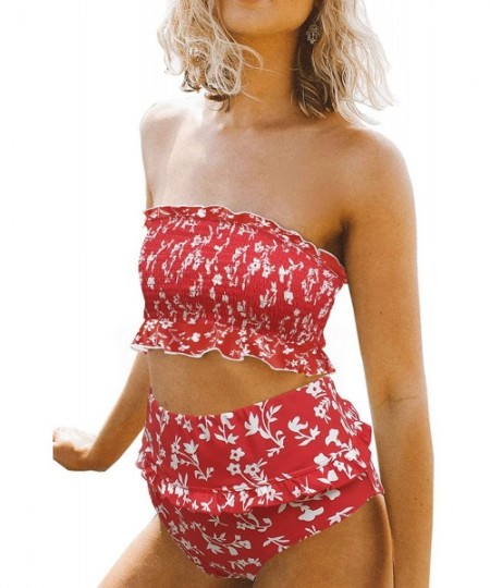 Sets Women Printed Strapless Shirred Smocked High Cut Bandeau Two Pieces Bikini Set Swimsuit(S-XL) - B-red - C118QL2RSTH