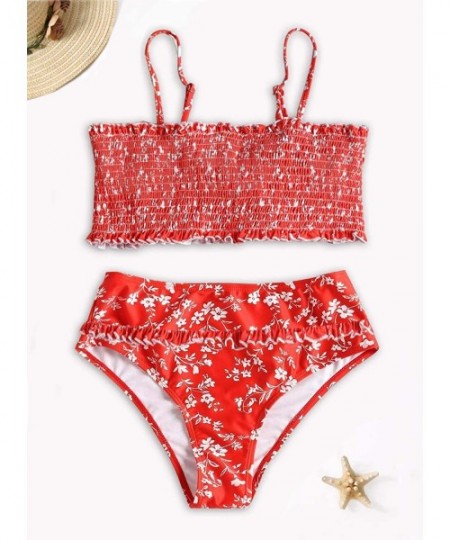 Sets Women Printed Strapless Shirred Smocked High Cut Bandeau Two Pieces Bikini Set Swimsuit(S-XL) - B-red - C118QL2RSTH