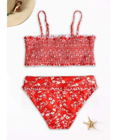 Sets Women Printed Strapless Shirred Smocked High Cut Bandeau Two Pieces Bikini Set Swimsuit(S-XL) - B-red - C118QL2RSTH