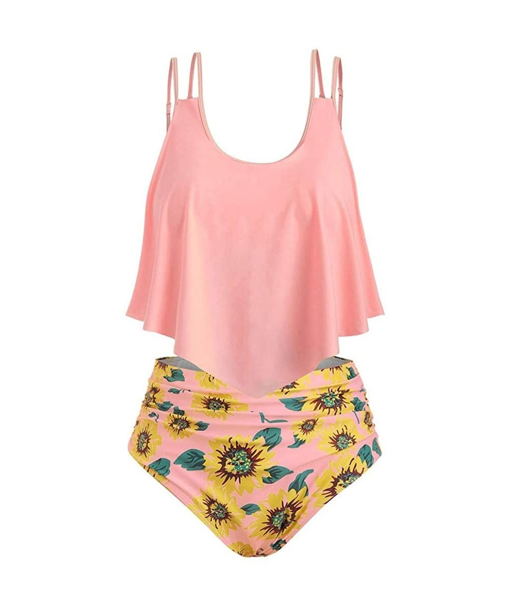 Sets Women Two Pieces Bathing Suits Sunflower/Feather Print High Waisted Ruffled Top Bikini Set Tankini Switmsuit Pink - CJ18...