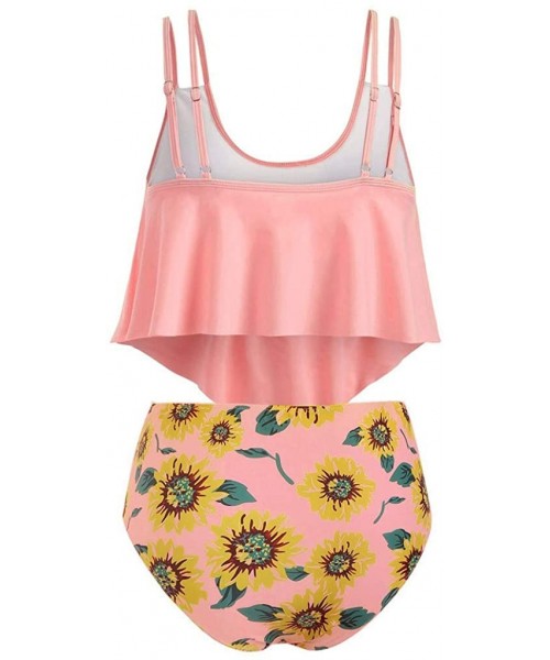 Sets Women Two Pieces Bathing Suits Sunflower/Feather Print High Waisted Ruffled Top Bikini Set Tankini Switmsuit Pink - CJ18...