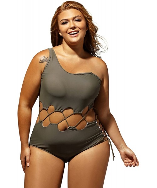 One-Pieces Women's Sexy Lace Up Hollow Out Monokini Plus Size One Piece Swimsuit - Armygreen - CU17YIXD0U6