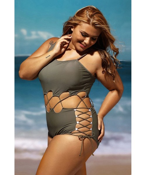 One-Pieces Women's Sexy Lace Up Hollow Out Monokini Plus Size One Piece Swimsuit - Armygreen - CU17YIXD0U6