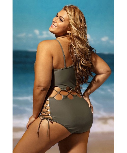 One-Pieces Women's Sexy Lace Up Hollow Out Monokini Plus Size One Piece Swimsuit - Armygreen - CU17YIXD0U6