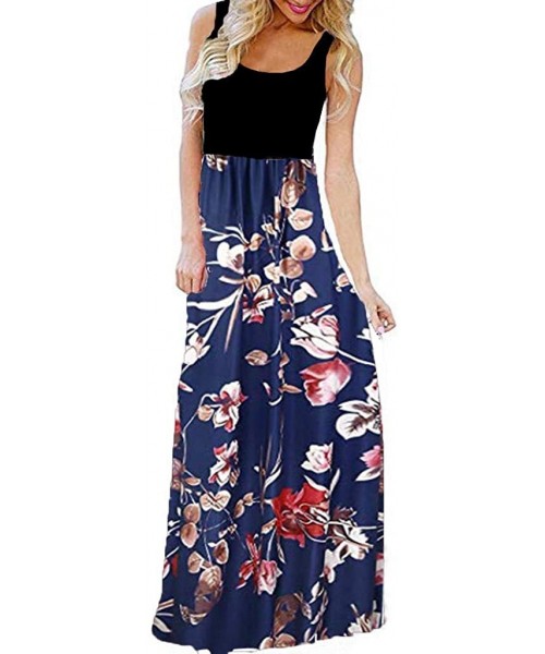 Cover-Ups Vestido Women's O-Neck Print T Shirt Maxi Tank Long Swing Dress - Blue a - C918TCTLD7U