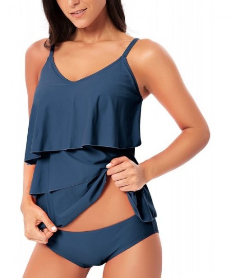 Tankinis Women Ruffle Tankini Swimsuits Two-Piece Bathing Suits Plus Size Swimwears - Blue - CC18SAD5Z3R