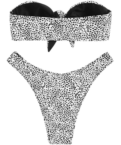 Sets Women's Leopard Print High Cut Bandeau Bikini Set 2 Pieces Bathing Suit - Black White-1 - CW1952MD45X