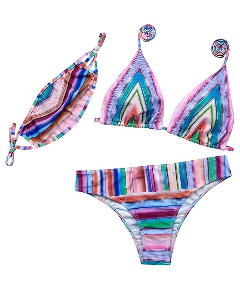 Sets 3 Piece Women Push-Up Padded Face Cover Swimsuit Swimwear Top Thong Bikini Set - Multi Color - CX190QARCTD