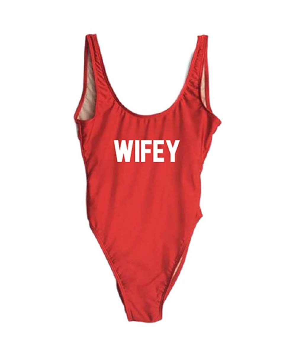 Racing Wifey One Piece Swimsuit Women Swimwear High Cut Low Back Bathing Suit Girls Beach Wear Monokini - Wifey02-red-wh - CW...